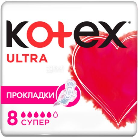 Kotex, Ultra Dry Super, 8 шт., Гігієнічні прокладки, 5 крапель