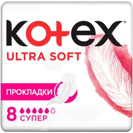 Kotex, Ultra Soft Super, 8 шт., Гігієнічні прокладки, 5 крапель