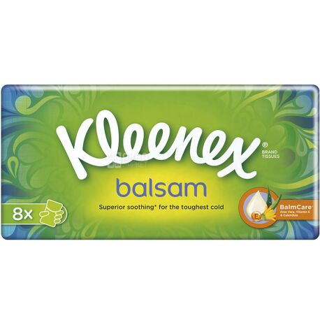 Kleenex Balsam, 8 пач. х 10 шт., Платочки носовые бумажные, 3-х слойные