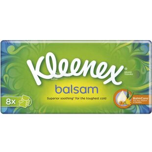 Kleenex Balsam, Упаковка 8 шт. х 10 шт., платочки бумажные Клинекс, трехслойные, с ароматом календулы