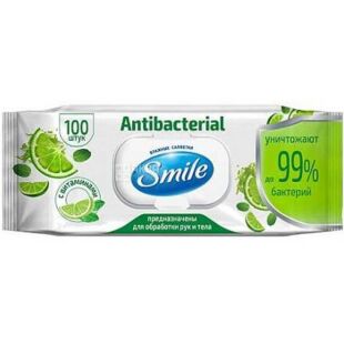 Smile Antibacterial, 100 шт., Смайл, Салфетки влажные, антибактериальные, с клапаном