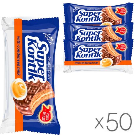 Konti, Супер-Контик, 90 г, упаковка 50 шт., Печенье-сэндвич, со сгущенным молоком