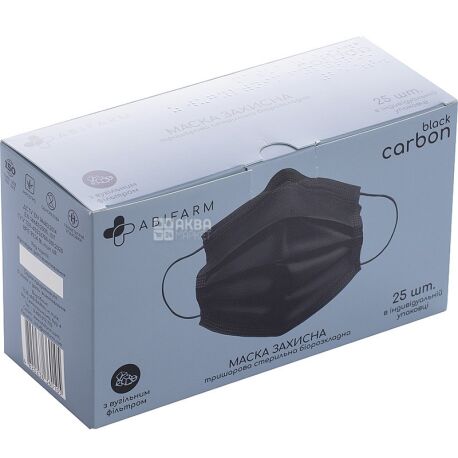 Abifarm, Black Carbon, 25 шт., Маска захисна, стерильна, з вугільним фільтром, 3-шарова, біорозкладна
