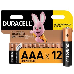 Duracell ААА, 12 шт., 1.5V, Батарейки лужні, LR03