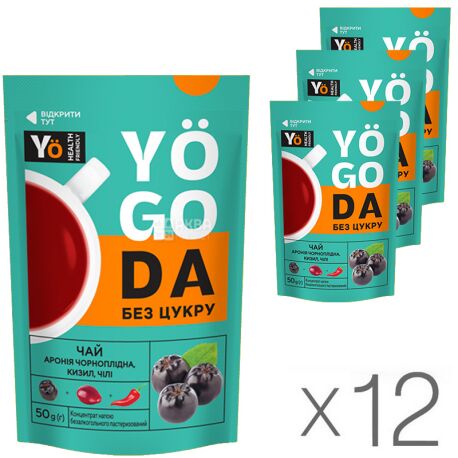YOGODA, упаковка 12 пак. х 50 г, Чай чорноплідна горобина, кизил та чилі, концентрований, без цукру