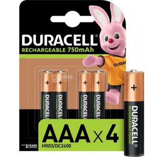  Duracell, AAA, 4 шт., Аккумуляторы, 750 mAh