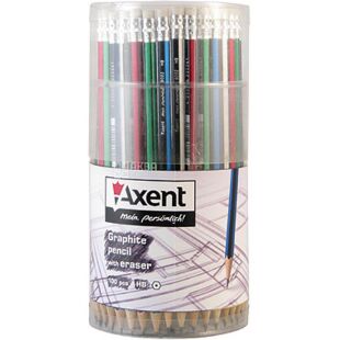 Axent, 100 шт., Карандаш графитовый, НВ, с ластиком, дерево, в ассортименте
