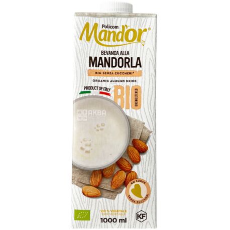 Mandor Organic, 1 л, Миндальное молоко, органическое, без сахара, тетрапак