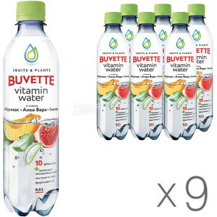 Buvette Vitamin Water, Упаковка 9 шт. х 0,5 л, Напиток негазированный сокосодержащий, Абрикос-Инжир-Алоэ вера Бювет, ПЭТ