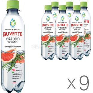 Buvette, Vitamin Water, Упаковка 9 шт. х 0,5 л, Напій негазований соковмісний Грейпфрукт-Розмарин Бювет, ПЕТ