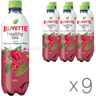 Buvette Healthy tea, Упаковка 9 шт. х 0,5 л, Напій негазований соковмісний Чай Каркаде-Журавлина-М'ята Бювет, ПЕТ
