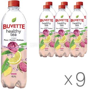 Buvette Healthy tea, Упаковка 9 шт, х 0,5л, Напиток негазированный сокосодержащий Роза-Лимон-Имбирь Бювет, ПЭТ