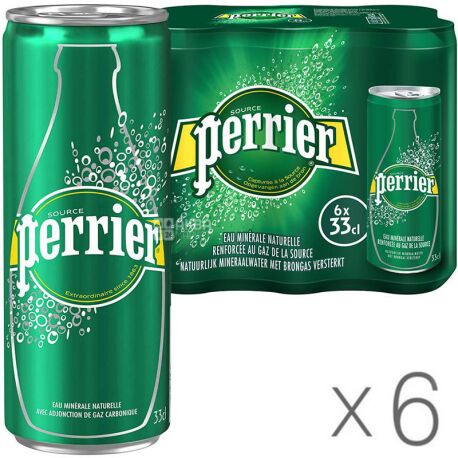 Perrier, 0,33 л, Упаковка 6 шт., Перье, Вода минеральная газированная, ж/б