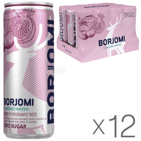 Borjomi, pack of 12 x 0.33 l, Borjomi, Carbonated mineral water, with cherry and pomegranate flavor, can
