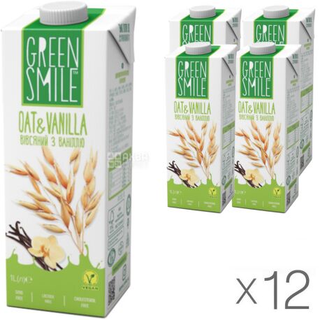 Green Smile, 1 л, упаковка 12 шт., Напиток овсяный, с наполнителем ваниль, ультрапастеризованное, 1,5% 