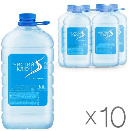 Чистый ключ, 6 л, Упаковка 10 шт., Вода негазированная, ПЭТ