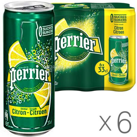 Perrier Lemon, 0.33 L, Pack of 6 pcs., Mineral carbonated water Perrier, with Lemon flavor, can