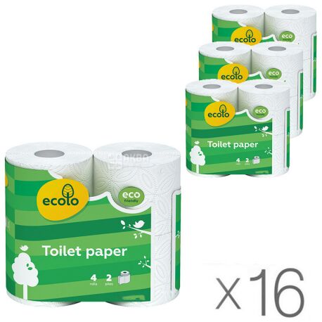 Ecolo, Упаковка 16 шт. по 4 рул., Туалетний папір Еколо, 2-х шаровий