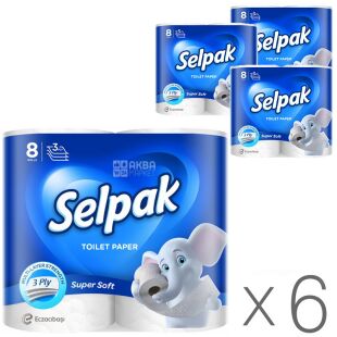 Selpak Supremely Soft, Упаковка 6 шт. по 8 рулонів, Туалетний папір Селпак Супремли Софт, 3-х шаровий, 16,8 м, 140 відривів