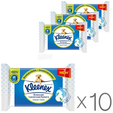Kleenex, Clean Care, 10 упаковок по 42 аркуші, Туалетний папір Клінекс, Вологий