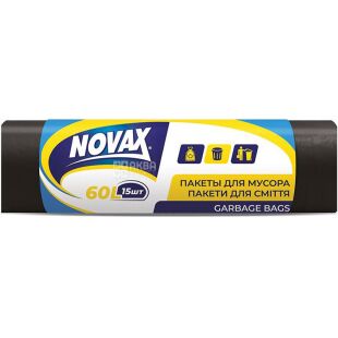 Novax, 15 шт., 60 л, Пакеты для мусора, без затяжек 