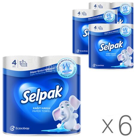 Selpak Super Absorbent, 6 упаковок по 4 рул., Рушники паперові Селпак, 3-шарові, 80 аркушів, 21х21 см