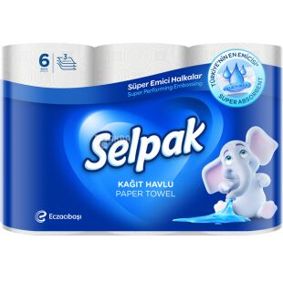 Selpak Super, 6 рул., Паперові рушники Селпак Суперпоглинаючі, білі, 10,5 м, 3-шарові, 218х131 мм