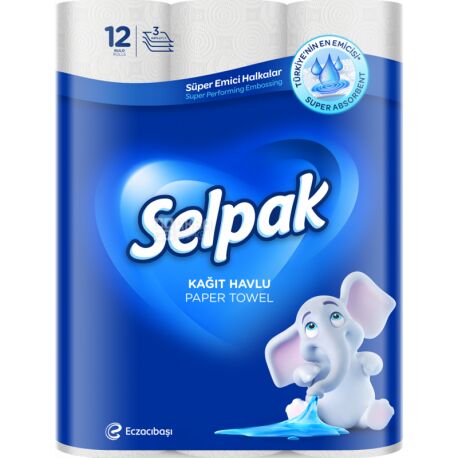 Selpak Super Absorbent, 12 рул., Бумажные полотенца Селпак, 3-х слойные, белые, 10,5 м, 80 листов, 218х131 мм