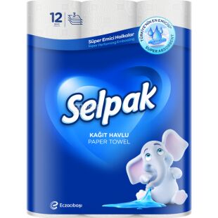 Selpak Super Absorbent, 12 рул., Паперові рушники Селпак, 3-шарові, білі, 10,5 м, 80 аркушів, 218х131 мм