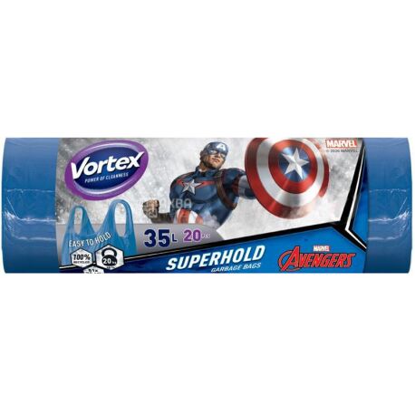 Vortex, Капітан Америка, 20 шт., Пакети для сміття, з ручками, 35 л