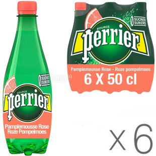 Perrier Grapefruit, Упаковка 6 шт. х 0,5 л, Вода мінеральна зі смаком Грейпфруту Пер'є, без цукру, ПЕТ