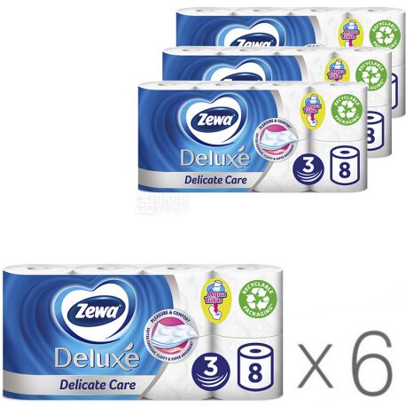Zewa Deluxe Delicate Care, Упаковка 6 шт. по 8 рул., Туалетная бумага Зева Делюкс, Деликатная Забота, 3-х слойная