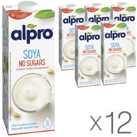 Alpro, Soya Unsweetened, Упаковка 12 шт. по 1 л, Алпро, Соєве молоко, без цукру та лактози, вітамінізоване