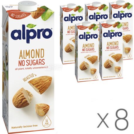 Alpro Almond Unsweetened, Упаковка 8 шт. по 1 л, Алпро, Миндальное молоко без сахара и лактозы, витаминизированное