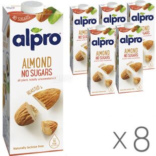 Alpro Nutty Almond No Sugars,, Упаковка 8 шт. по 1 л, Алпро, Миндальное молоко без сахара и лактозы, витаминизированное