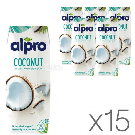 Alpro, Coconut Original, Упаковка 15 шт. по 250 мл, Алпро, Кокосовое молоко, оригинальное, без сахара и лактозы, с витаминами