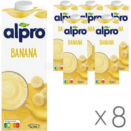 Alpro, Soya Banana, Упаковка 8 шт. по 1 л, Алпро, Соевое молоко, со вкусом банана, витаминизированное