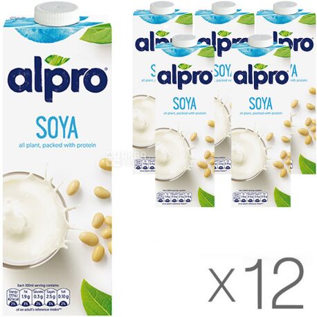 Alpro, Soya Original, Упаковка 12 шт. по 1 л, Алпро, Соєве молоко, оригінальне, вітамінізоване