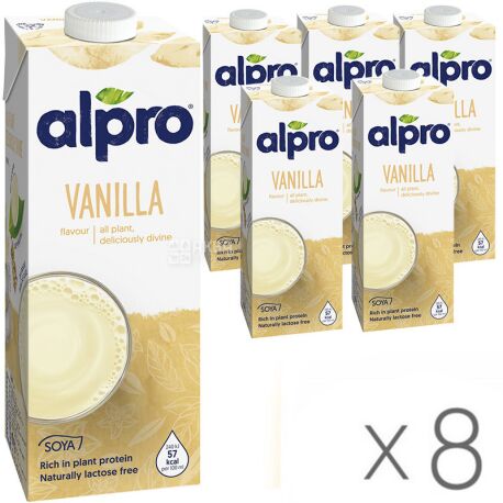 Alpro, Soya Vanilla, Упаковка 8 шт. по 1 л, Алпро, Соевое молоко с ванилью, витаминизированное