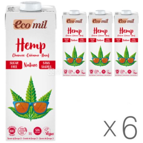 Ecomil, Hemp,1 л, Экомил, Растительный напиток, Конопля без сахара, Упаковка 6 шт.