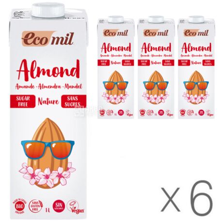  Ecomil, Almond milk, 1 л, Екоміл, Рослинний напій, Мигдаль без цукру, Упаковка 6 шт.