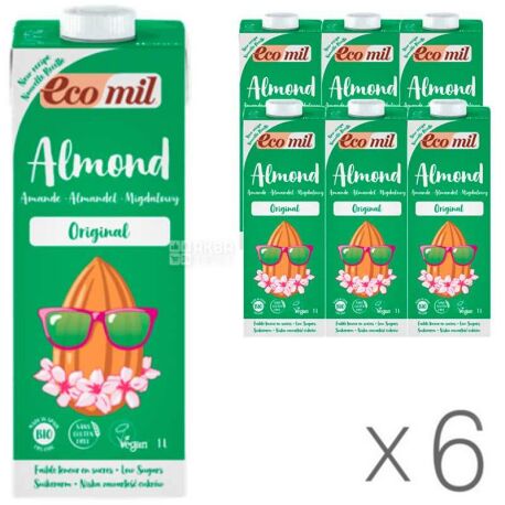 Ecomil, Almond Original, Упаковка 6 шт., по 1 л, Экомил, Растительный напиток, Миндаль с сиропом агавы, без сахара