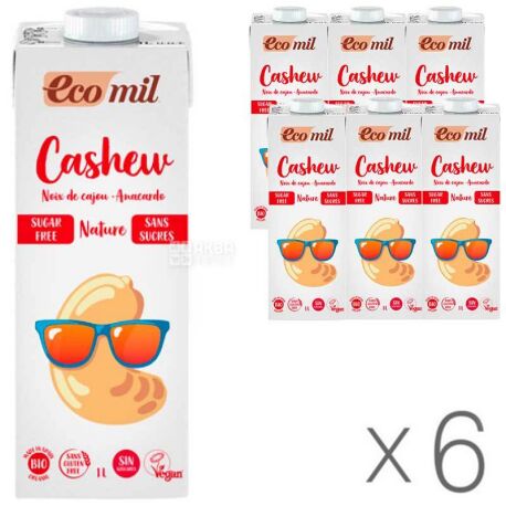Ecomil, Cashew, Pack of 6 1 l each, Ekomil, Vegetable milk with cashews, sugar-free