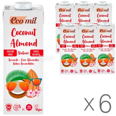 Ecomil, Coconut Almond, Упаковка 6 шт. по 1 л, Экомил, Растительный напиток, Миндаль-кокос, без сахара