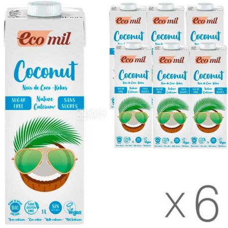 Ecomil, Coconut Milk, Упаковка 6 шт. по 1 л, Еком, Рослинний напій, Кокос з кальцієм, без цукру