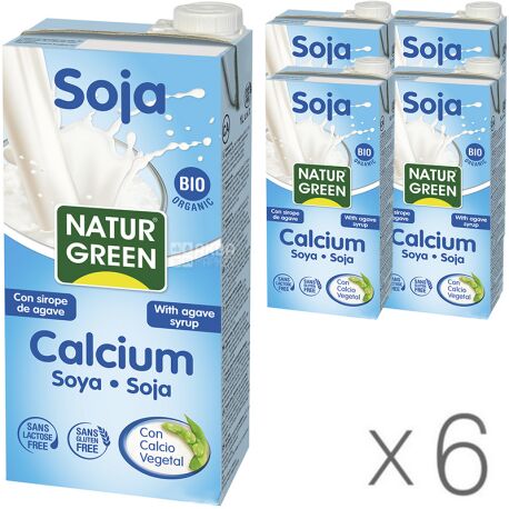 NaturGreen, Soya Calcium,  Упаковка 6 шт, по 1 л, Напиток растительный соевый, с кальцием и соком агавы