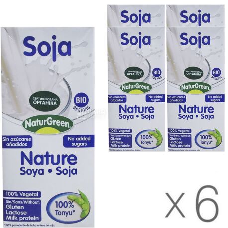 NaturGreen, Soya, Упаковка 6 шт, по 1 л, Напій рослинний з сої, без цукру