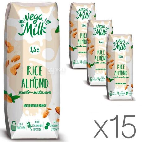 Vega Milk, Упаковка 15 шт. по 250 мл, Напій рисово-мигдальний ультрапастеризоване, 1,5%