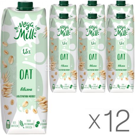 Vega Milk, Упаковка 12 шт, по 950 мл, Напій вівсяний ультрапастеризований, 1,5%