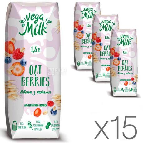 Vega Milk, Упаковка 15 шт. по 250 мл, Напиток овсяный с ягодами ультрапастеризованный, 1,5 %